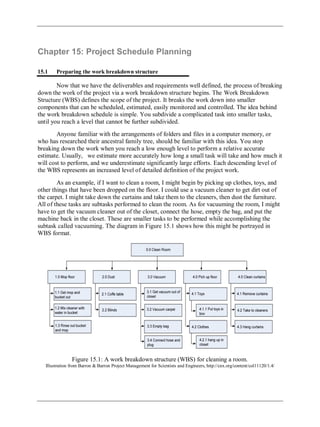 Chapter 15: Project Schedule Planning
15.1 Preparing the work breakdown structure
Now that we have the deliverables and requirements well defined, the process of breaking
down the work of the project via a work breakdown structure begins. The Work Breakdown
Structure (WBS) defines the scope of the project. It breaks the work down into smaller
components that can be scheduled, estimated, easily monitored and controlled. The idea behind
the work breakdown schedule is simple. You subdivide a complicated task into smaller tasks,
until you reach a level that cannot be further subdivided.
Anyone familiar with the arrangements of folders and files in a computer memory, or
who has researched their ancestral family tree, should be familiar with this idea. You stop
breaking down the work when you reach a low enough level to perform a relative accurate
estimate. Usually, we estimate more accurately how long a small task will take and how much it
will cost to perform, and we underestimate significantly large efforts. Each descending level of
the WBS represents an increased level of detailed definition of the project work.
As an example, if I want to clean a room, I might begin by picking up clothes, toys, and
other things that have been dropped on the floor. I could use a vacuum cleaner to get dirt out of
the carpet. I might take down the curtains and take them to the cleaners, then dust the furniture.
All of these tasks are subtasks performed to clean the room. As for vacuuming the room, I might
have to get the vacuum cleaner out of the closet, connect the hose, empty the bag, and put the
machine back in the closet. These are smaller tasks to be performed while accomplishing the
subtask called vacuuming. The diagram in Figure 15.1 shows how this might be portrayed in
WBS format.
Figure 15.1: A work breakdown structure (WBS) for cleaning a room.
Illustration from Barron & Barron Project Management for Scientists and Engineers, http://cnx.org/content/col11120/1.4/
 