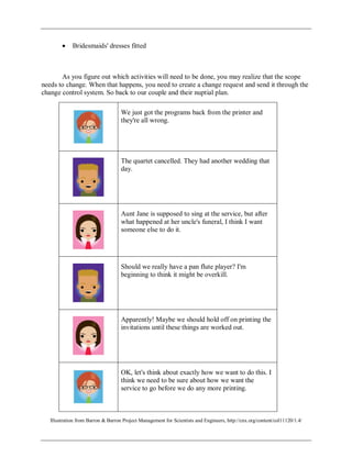 Bridesmaids' dresses fitted
As you figure out which activities will need to be done, you may realize that the scope
needs to change. When that happens, you need to create a change request and send it through the
change control system. So back to our couple and their nuptial plan.
We just got the programs back from the printer and
they're all wrong.
The quartet cancelled. They had another wedding that
day.
Aunt Jane is supposed to sing at the service, but after
what happened at her uncle's funeral, I think I want
someone else to do it.
Should we really have a pan flute player? I'm
beginning to think it might be overkill.
Apparently! Maybe we should hold off on printing the
invitations until these things are worked out.
OK, let's think about exactly how we want to do this. I
think we need to be sure about how we want the
service to go before we do any more printing.
Illustration from Barron & Barron Project Management for Scientists and Engineers, http://cnx.org/content/col11120/1.4/
 