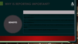 WHY IS REPORTING IMPORTANT?
BENEFITS
1. A report provides a navigational system to steer the team in the
right direction
2. It ensures consistent monitoring – you need to work with intention
and awareness
3. It gives indications of how your team is performing on a constant
basis
4. Reporting keeps the goals simple and clear
 