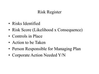 Risk Register
• Risks Identified
• Risk Score (Likelihood x Consequence)
• Controls in Place
• Action to be Taken
• Person Responsible for Managing Plan
• Corporate Action Needed Y/N
 