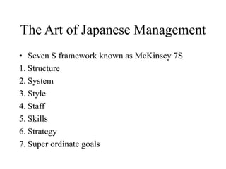 The Art of Japanese Management
• Seven S framework known as McKinsey 7S
1. Structure
2. System
3. Style
4. Staff
5. Skills
6. Strategy
7. Super ordinate goals
 