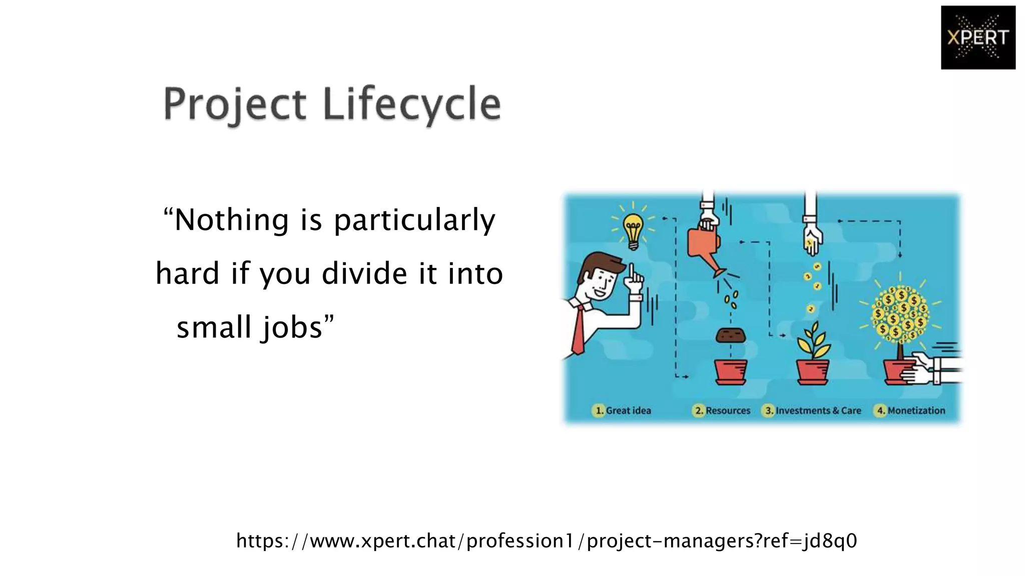 “Nothing is particularly
hard if you divide it into
small jobs”
https://www.xpert.chat/profession1/project-managers?ref=jd8q0
 