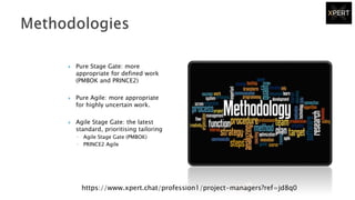  Pure Stage Gate: more
appropriate for defined work
(PMBOK and PRINCE2)
 Pure Agile: more appropriate
for highly uncertain work.
 Agile Stage Gate: the latest
standard, prioritising tailoring
◦ Agile Stage Gate (PMBOK)
◦ PRINCE2 Agile
https://www.xpert.chat/profession1/project-managers?ref=jd8q0
 
