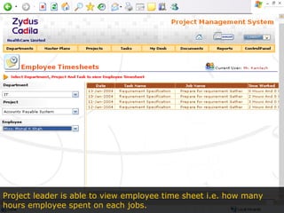 Project leader is able to view employee time sheet i.e. how many  hours employee spent on each jobs. 