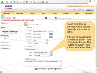 Constraint date is checked while setting dependencies among tasks. 4 Types of Constraints Finish No Later Than Finish No Earlier Than Start No Later Than - Start No Earlier Than 