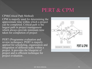 CPM(Critical Path Method)
CPM is majorly used for determining the
approximate time within which a project
can be completed. Critical path is the
largest path in project management
which always provide minimum time
taken for completion of project
PERT (Programme evaluation and
review technique)- PERT is majorly
applied for scheduling, organization and
integration of different tasks within a
project. It provides the blueprint of
project and is efficient technique for
project evaluation .
DR. RICHA SINGHAL 10
 