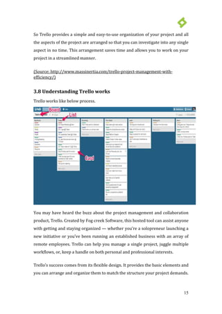 15
So Trello provides a simple and easy-to-use organization of your project and all
the aspects of the project are arranged so that you can investigate into any single
aspect in no time. This arrangement saves time and allows you to work on your
project in a streamlined manner.
3.8 Understanding Trello works
(Source: http://www.massinertia.com/trello-project-management-with-
efficiency/)
Trello works like below process.
You may have heard the buzz about the project management and collaboration
product, Trello. Created by Fog creek Software, this hosted tool can assist anyone
with getting and staying organized — whether you’re a solopreneur launching a
new initiative or you’ve been running an established business with an array of
remote employees. Trello can help you manage a single project, juggle multiple
workflows, or, keep a handle on both personal and professional interests.
Trello’s success comes from its flexible design. It provides the basic elements and
you can arrange and organize them to match the structure your project demands.
 