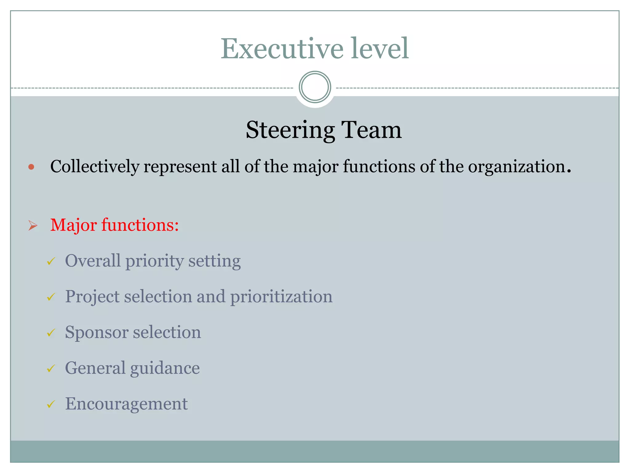 Project Management teamProject management team can be categorized into threeProject teamAssociate levelManagerial levelExecutive level