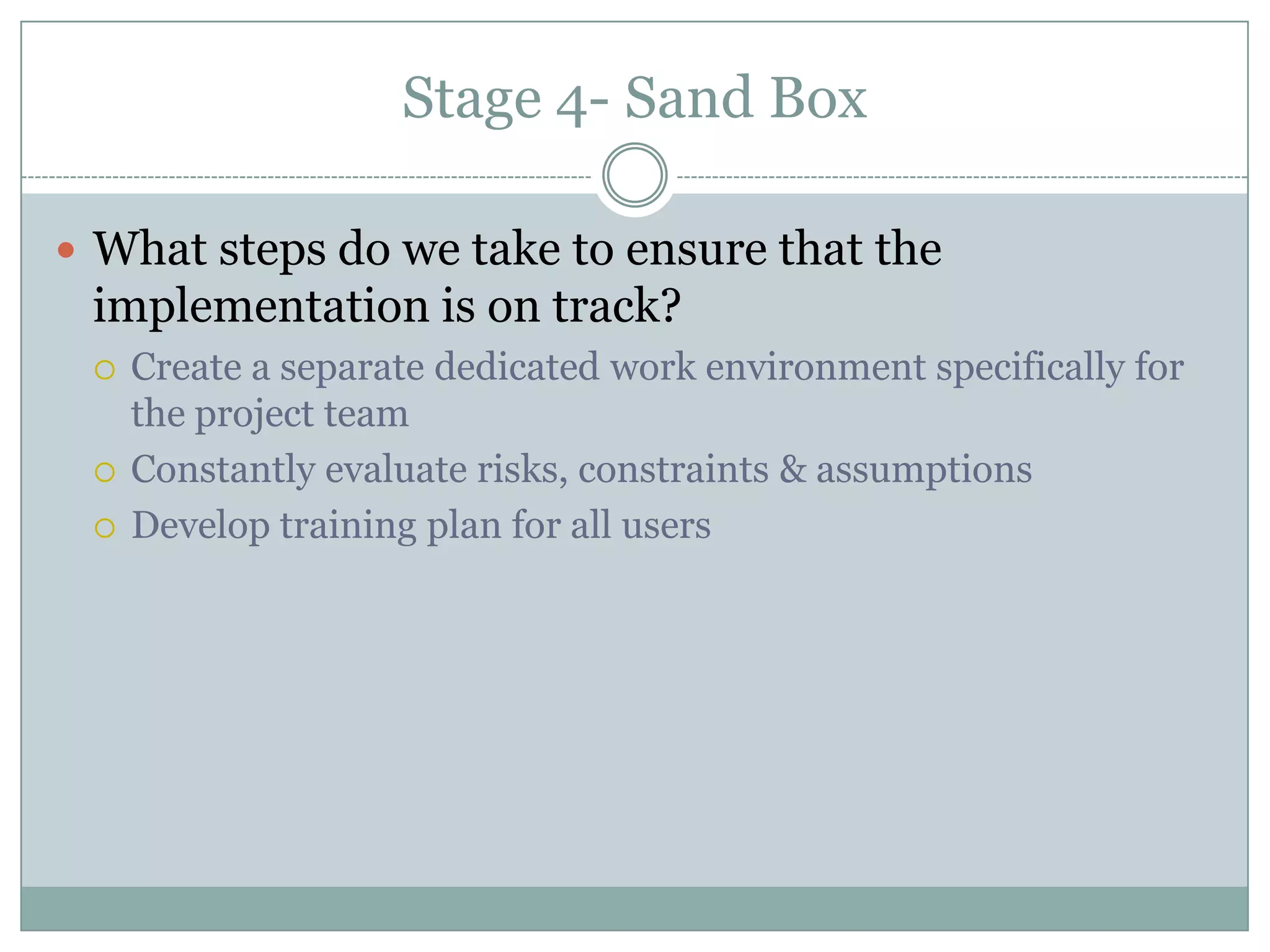 ERP Implementation Life CycleSolution EnquiryERP Approach & Package selectionImplementation PlanSand BoxERP Infrastructure, Deployment & IntegrationOperationsExtending the Enterprise