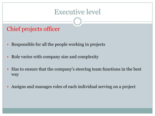 Executive level                                     Steering Team Collectively represent all of the major functions of the organization. Major functions: