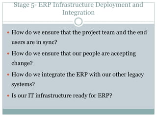 Stage 1-Solution InquiryAre we ready for ERP?How will an ERP help our business?Have we considered other solution areas beyond ERP?Who will lead our implementation effort?