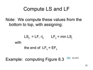 Compute LS and LF Note:  We compute these values from the bottom to top, with assigning: LS ij   = LF i  -t ij  LF ij  = min LS j   with the end of  LF ij  = EF ij Example:  computing Figure 8.3 ( to p23) 