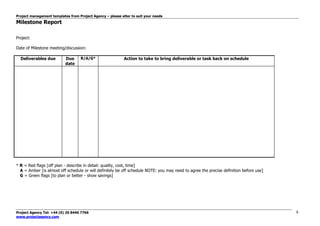 Project management templates from Project Agency – please alter to suit your needs
Project Agency Tel: +44 (0) 20 8446 7766
www.projectagency.com
6
Milestone Report
Project:
Date of Milestone meeting/discussion:
Deliverables due Due
date
R/A/G* Action to take to bring deliverable or task back on schedule
* R = Red flags [off plan - describe in detail: quality, cost, time]
A = Amber [is almost off schedule or will definitely be off schedule NOTE: you may need to agree the precise definition before use]
G = Green flags [to plan or better - show savings]
 