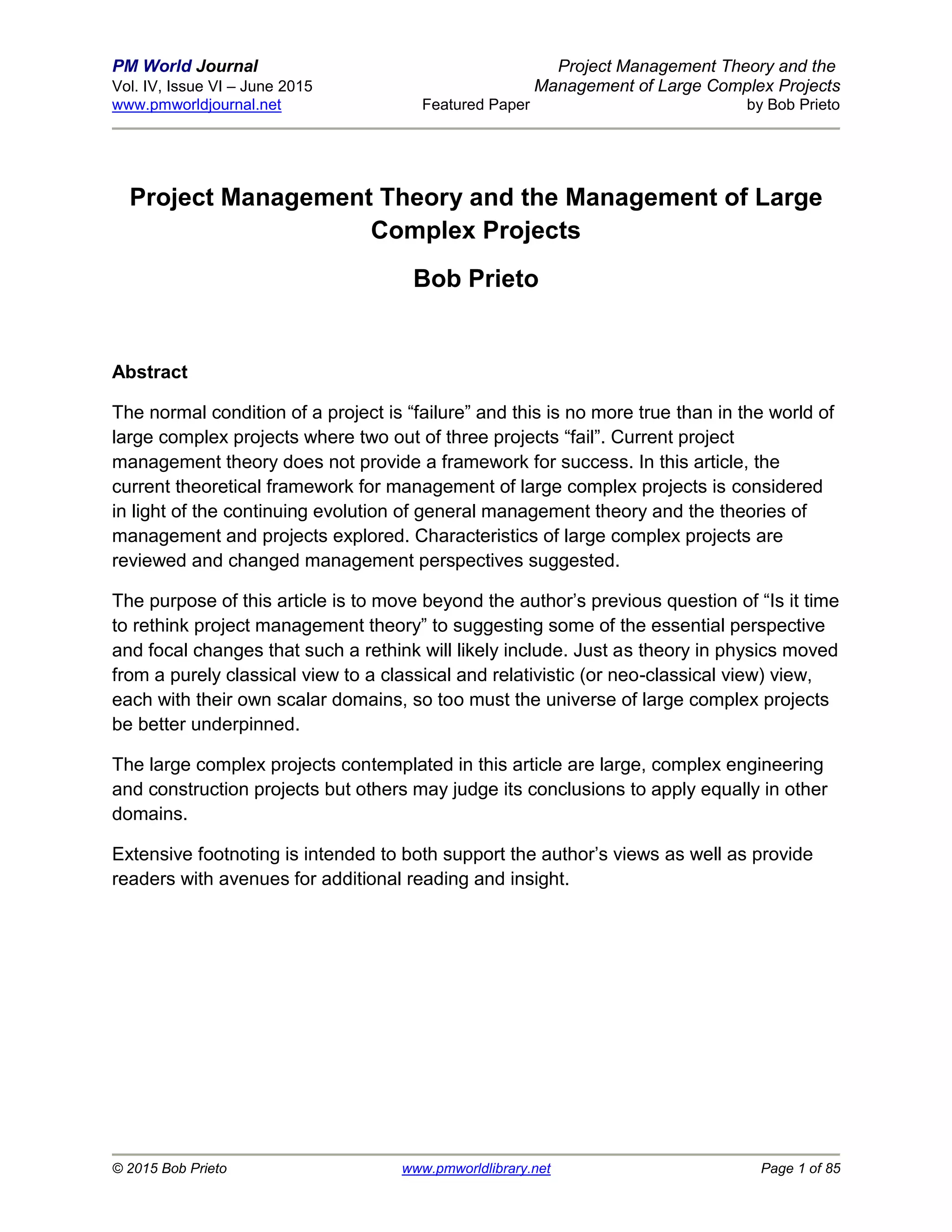 Project management theory and management of large complex projects ...
