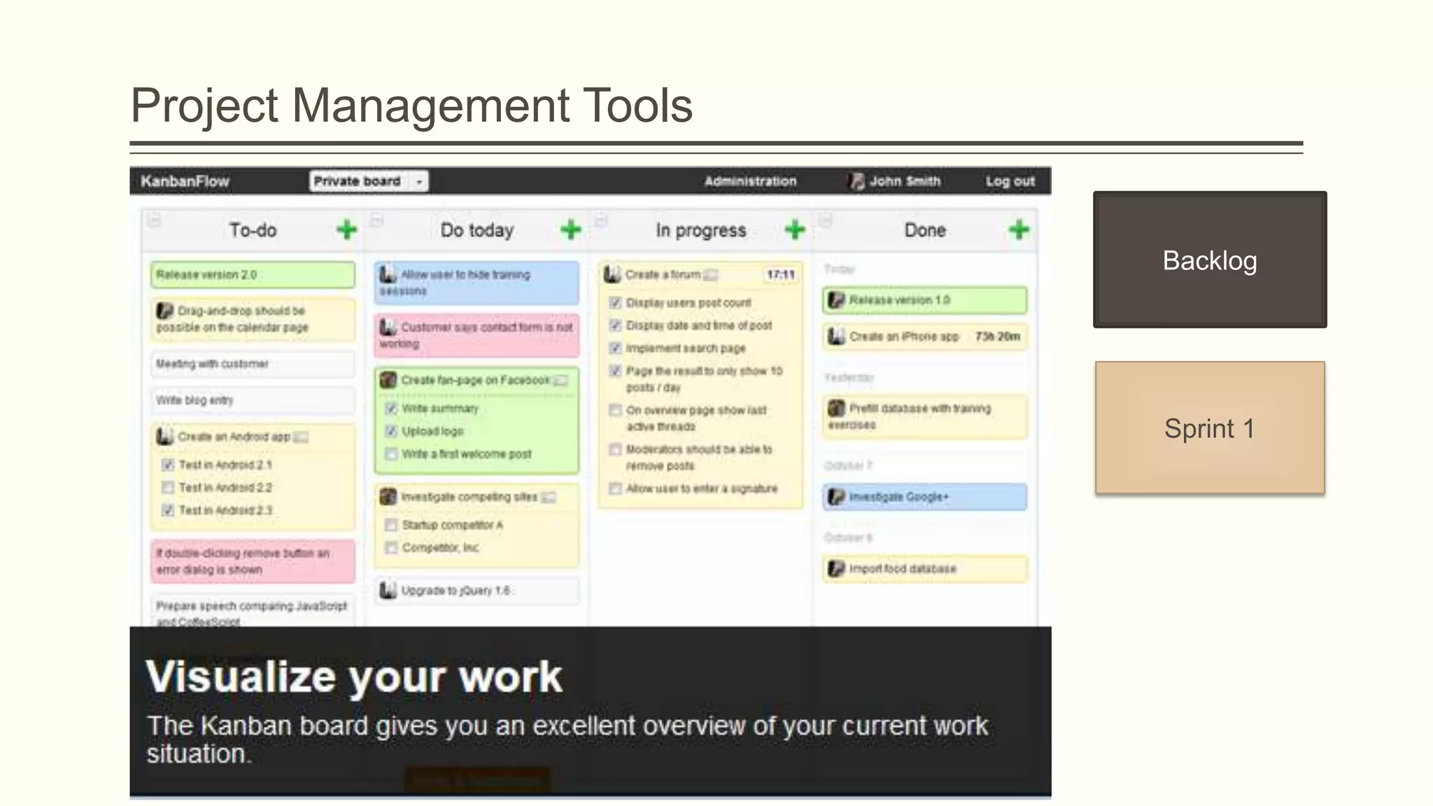 Project Management Tools
Backlog
Sprint 1
 