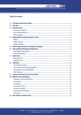 Table of content



1.    The Natural planning model .............................................................................................. 3
2.    The idea ............................................................................................................................... 3
3.    Brainstorming ..................................................................................................................... 4
        Envision the outcome ........................................................................................................... 4
        External brainstorming ......................................................................................................... 4
        Mind-mapping...................................................................................................................... 4
4.    Organizing & tracking projects in time ............................................................................. 5
        GANTT ................................................................................................................................ 5
        SWOT analyses .................................................................................................................... 5
        Weekly priorities .................................................................................................................. 6
5.    Market segmentation and target messaging .................................................................... 6
6.    Goal setting & Strategy development ............................................................................... 7
        Advantages of goal setting ................................................................................................... 7
        Balanced Scorecard .............................................................................................................. 7
7.    Action plan .......................................................................................................................... 8
        Next action list ..................................................................................................................... 8
        Waiting for list ..................................................................................................................... 9
8.    Feedback ............................................................................................................................10
        The Feedback Process .........................................................................................................11
        Tips for giving and receiving feedback ..................................................................................11
        Advantages of personal feedback .........................................................................................12
        360° feedback ....................................................................................................................12
9.    Internal and External Communication .............................................................................12
10. Effective Team Meetings ...................................................................................................13
        Preparation and Announcement ...........................................................................................13
        The location .......................................................................................................................13
        The agenda ........................................................................................................................14
        The meeting starts ..............................................................................................................14
        During the meeting .............................................................................................................14
        At the end of the meeting ...................................................................................................14
        The output .........................................................................................................................14
11. And always remember that… ............................................................................................15




                       AIESEC UA – Room ABC.203 - Prinsstraat 13 – 2000 Antwerp – Belgium
                                      www.aiesecua.be - +32 3 220 40 25
 