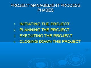 PROJECT MANAGEMENT PROCESSPROJECT MANAGEMENT PROCESS
PHASESPHASES
1.1. INITIATING THE PROJECTINITIATING THE PROJECT
2.2. PLANNING THE PROJECTPLANNING THE PROJECT
3.3. EXECUTING THE PROJECTEXECUTING THE PROJECT
4.4. CLOSING DOWN THE PROJECTCLOSING DOWN THE PROJECT
 