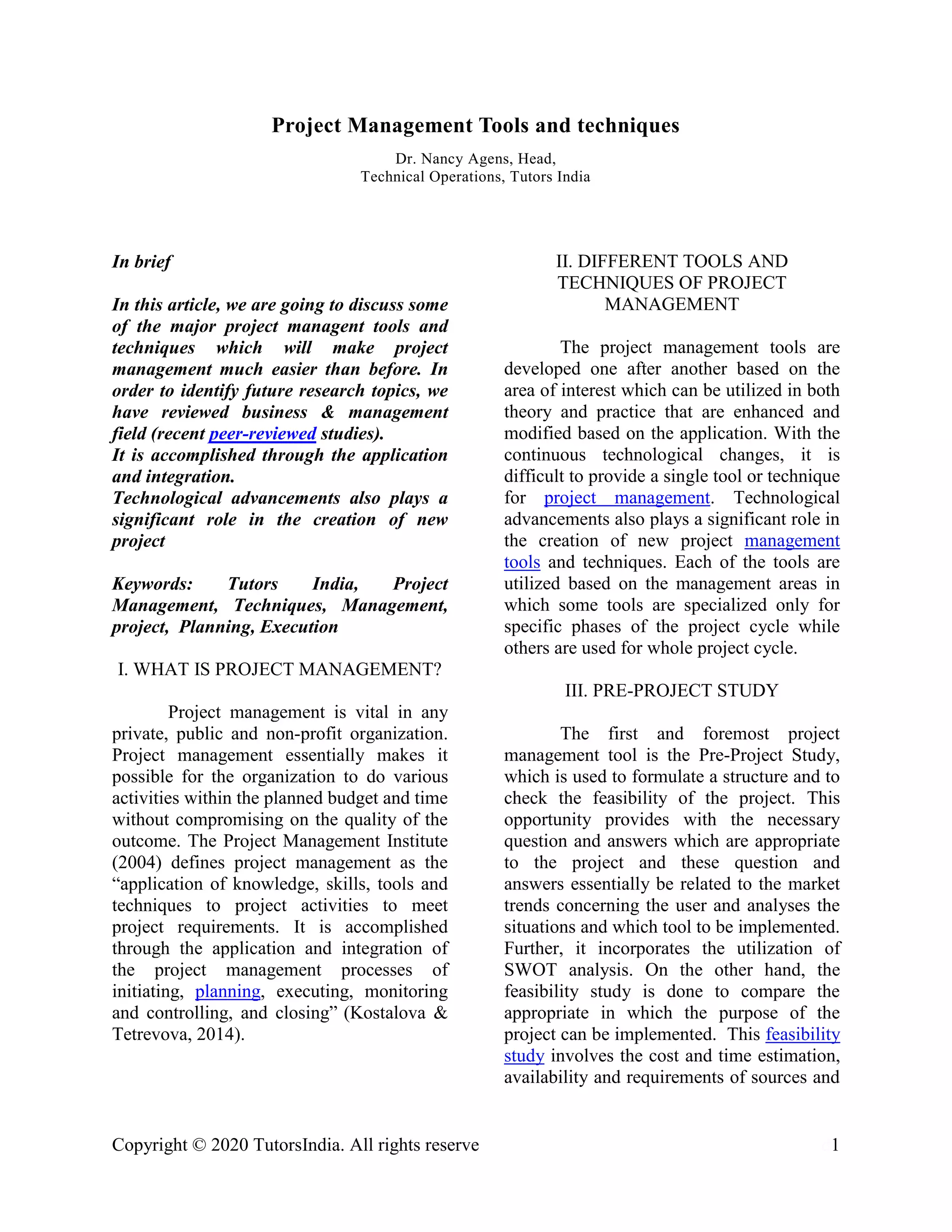 Project management tools and techniques- tutorsindia.com