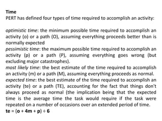 Time
PERT has defined four types of time required to accomplish an activity:
optimistic time: the minimum possible time required to accomplish an
activity (o) or a path (O), assuming everything proceeds better than is
normally expected
pessimistic time: the maximum possible time required to accomplish an
activity (p) or a path (P), assuming everything goes wrong (but
excluding major catastrophes).
most likely time: the best estimate of the time required to accomplish
an activity (m) or a path (M), assuming everything proceeds as normal.
expected time: the best estimate of the time required to accomplish an
activity (te) or a path (TE), accounting for the fact that things don't
always proceed as normal (the implication being that the expected
time is the average time the task would require if the task were
repeated on a number of occasions over an extended period of time.
te = (o + 4m + p) ÷ 6
 