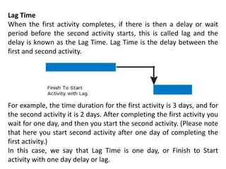 Lag Time
When the first activity completes, if there is then a delay or wait
period before the second activity starts, this is called lag and the
delay is known as the Lag Time. Lag Time is the delay between the
first and second activity.
For example, the time duration for the first activity is 3 days, and for
the second activity it is 2 days. After completing the first activity you
wait for one day, and then you start the second activity. (Please note
that here you start second activity after one day of completing the
first activity.)
In this case, we say that Lag Time is one day, or Finish to Start
activity with one day delay or lag.
 
