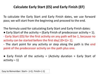 Calculate Early Start (ES) and Early Finish (EF)
To calculate the Early Start and Early Finish dates, we use forward
pass; we will start from the beginning and proceed to the end.
The formula used for calculating Early Start and Early Finish dates:
● Early Start of the activity = (Early Finish of predecessor activity + 1).
- Early Start (ES) for the first activity on any path will be 1, because no
activity can be started before the first day[ (0+1)= 1].
- The start point for any activity or step along the path is the end
point of the predecessor activity on the path plus one.
● Early Finish of the activity = (Activity duration + Early Start of
activity – 1)
Easy to Remember: Start= (+1). Finish= (-1)
 