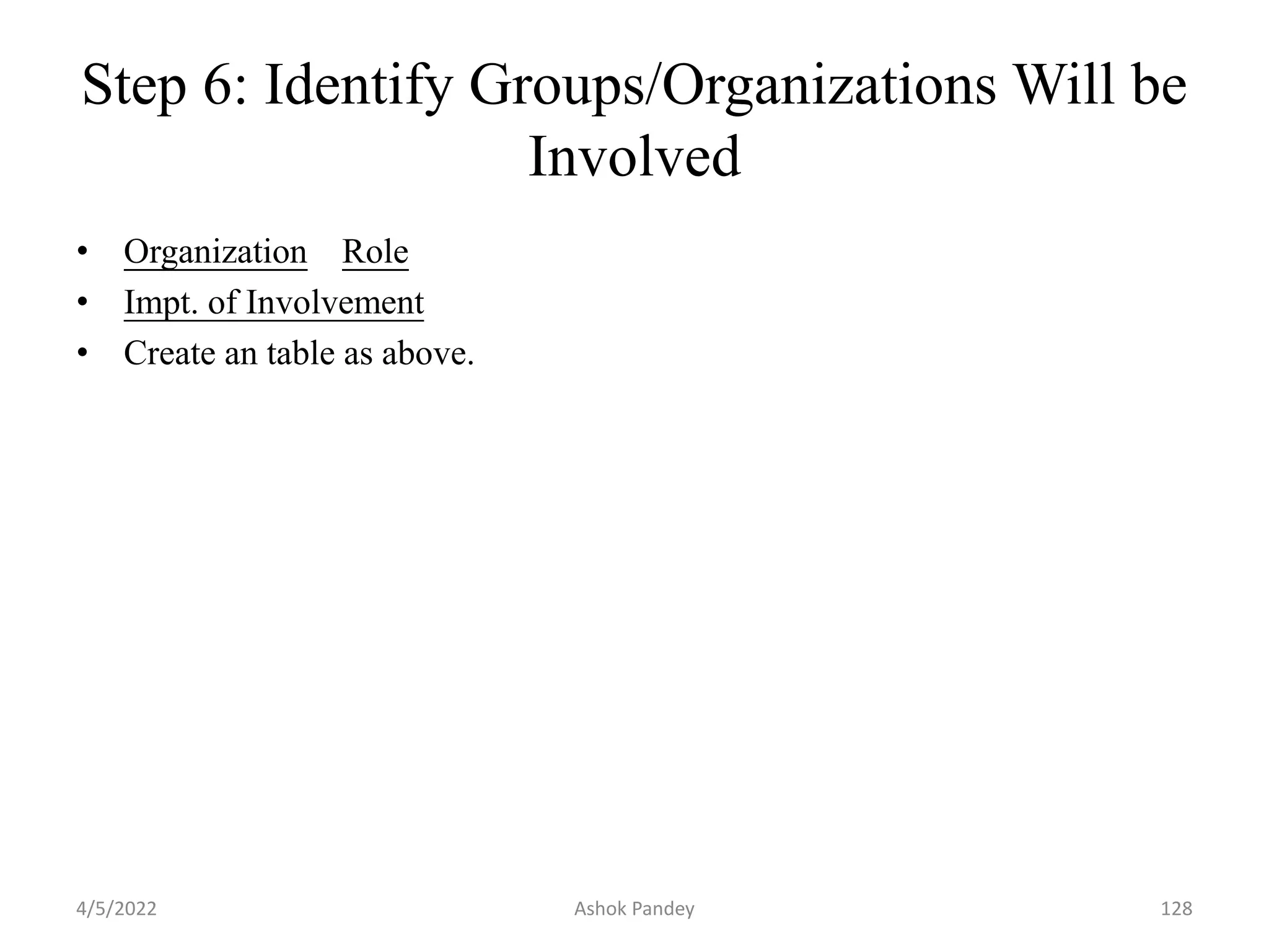 Step 6: Identify Groups/Organizations Will be
Involved
• Organization Role
• Impt. of Involvement
• Create an table as above.
4/5/2022 128
Ashok Pandey
 