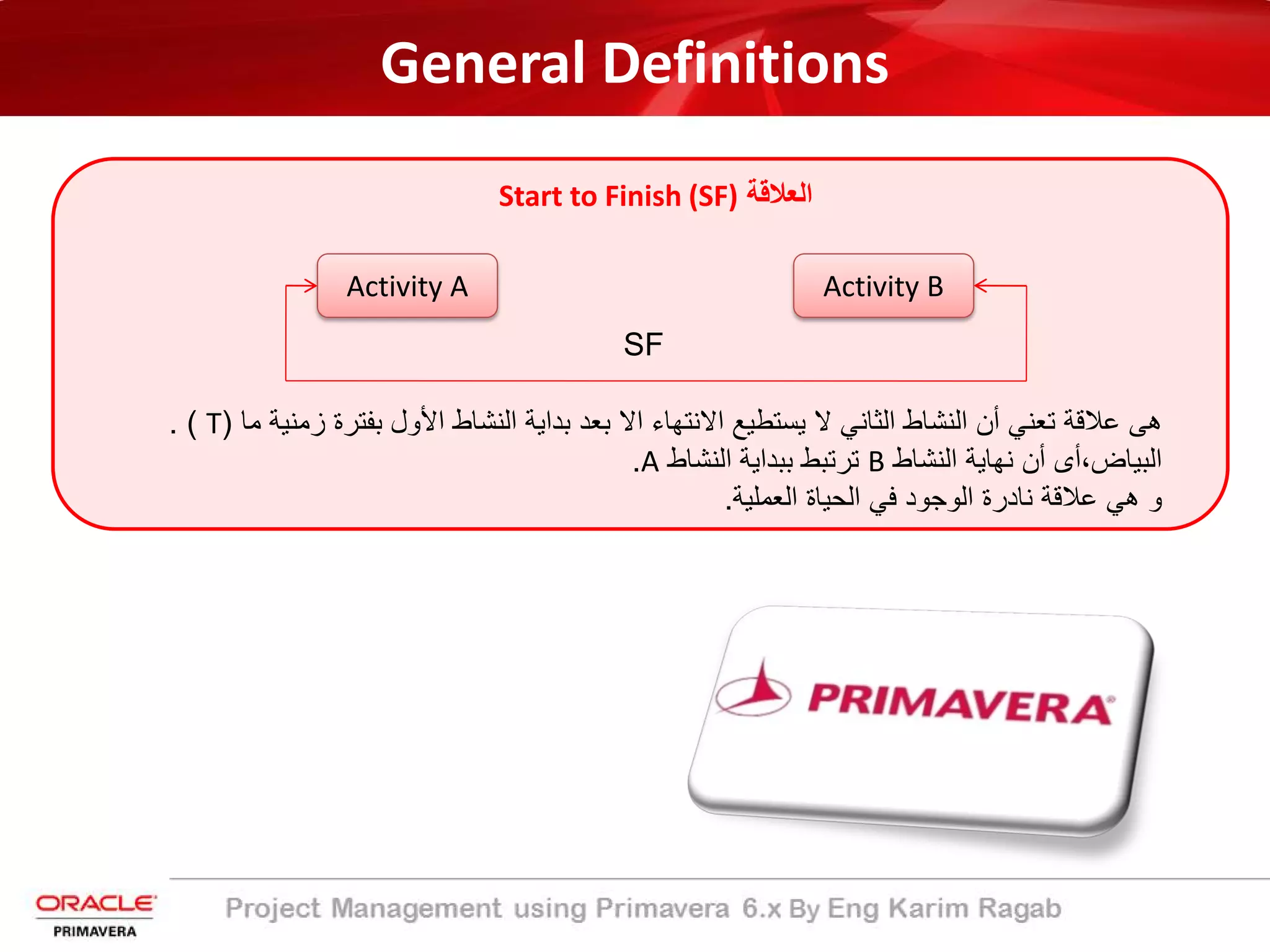 General Definitions
‫اﻟﻌﻼﻗﺔ‬Start to Finish (SF)
Activity A Activity B
SF
‫زﻣﻧ‬ ‫ﺑﻔﺗرة‬ ‫اﻷول‬ ‫اﻟﻧﺷﺎط‬ ‫ﺑداﯾﺔ‬ ‫ﺑﻌد‬ ‫اﻻ‬ ‫اﻻﻧﺗﮭﺎء‬ ‫ﯾﺳﺗطﯾﻊ‬ ‫ﻻ‬ ‫اﻟﺛﺎﻧﻲ‬ ‫اﻟﻧﺷﺎط‬ ‫أن‬ ‫ﺗﻌﻧﻲ‬ ‫ﻋﻼﻗﺔ‬ ‫ھﻰ‬‫ﻣﺎ‬ ‫ﯾﺔ‬)T. (
،‫اﻟﺑﯾﺎض‬‫اﻟﻧﺷﺎط‬ ‫ﻧﮭﺎﯾﺔ‬ ‫أن‬ ‫أى‬B‫اﻟﻧﺷﺎط‬ ‫ﺑﺑداﯾﺔ‬ ‫ﺗرﺗﺑط‬A.
‫اﻟﻌﻣﻠﯾﺔ‬ ‫اﻟﺣﯾﺎة‬ ‫ﻓﻲ‬ ‫اﻟوﺟود‬ ‫ﻧﺎدرة‬ ‫ﻋﻼﻗﺔ‬ ‫ھﻲ‬ ‫و‬.
 