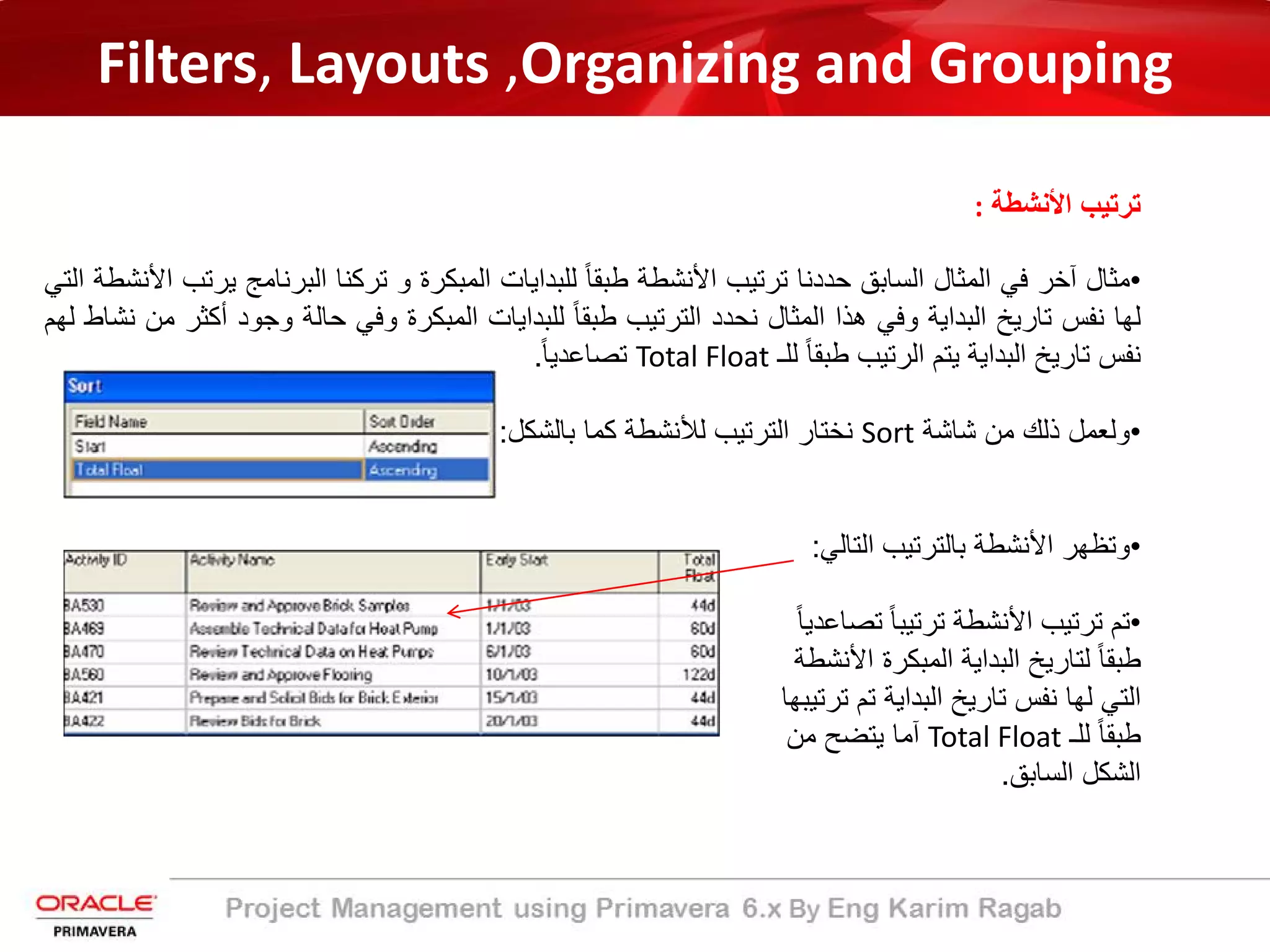 Filters, Layouts ,Organizing and Grouping
‫اﻷﻧﺷطﺔ‬ ‫ﺗرﺗﯾب‬:
•‫ﻣﺛﺎل‬‫آﺧر‬‫ﻓﻲ‬‫اﻟﻣﺛﺎل‬‫اﻟﺳﺎﺑﻖ‬‫ﺣددﻧﺎ‬‫ﺗرﺗﯾب‬‫اﻷﻧﺷطﺔ‬ً‫ﺎ‬‫طﺑﻘ‬‫ﻟﻠﺑداﯾﺎت‬‫اﻟﻣﺑﻛرة‬‫و‬‫ﺗرﻛﻧﺎ‬‫اﻟﺑرﻧﺎﻣﺞ‬‫ﯾ‬‫رﺗب‬‫اﻷﻧﺷطﺔ‬‫اﻟﺗﻲ‬
‫ﻟﮭﺎ‬‫ﻧﻔس‬‫ﺗﺎرﯾﺦ‬‫اﻟﺑداﯾﺔ‬‫وﻓﻲ‬‫ھذا‬‫اﻟﻣﺛﺎل‬‫ﻧﺣدد‬‫اﻟﺗرﺗﯾب‬ً‫ﺎ‬‫طﺑﻘ‬‫ﻟﻠﺑداﯾﺎت‬‫اﻟﻣﺑﻛرة‬‫وﻓﻲ‬‫ﺣﺎﻟﺔ‬‫وﺟود‬‫أﻛ‬‫ﺛر‬‫ﻣن‬‫ﻧﺷﺎط‬‫ﻟﮭم‬
‫ﻧﻔس‬‫ﺗﺎرﯾﺦ‬‫اﻟﺑداﯾﺔ‬‫ﯾﺗم‬‫اﻟرﺗﯾب‬ً‫ﺎ‬‫طﺑﻘ‬‫ﻟﻠـ‬Total Floatً‫ﺎ‬‫ﺗﺻﺎﻋدﯾ‬.
•‫وﻟﻌﻣل‬‫ذﻟك‬‫ﻣن‬‫ﺷﺎﺷﺔ‬Sort‫ﻧﺧﺗﺎر‬‫اﻟﺗرﺗﯾب‬‫ﻟﻸﻧﺷطﺔ‬‫ﻛﻣﺎ‬‫ﺑﺎﻟﺷﻛل‬:
•‫اﻟﺗﺎﻟﻲ‬ ‫ﺑﺎﻟﺗرﺗﯾب‬ ‫اﻷﻧﺷطﺔ‬ ‫وﺗظﮭر‬:
•‫ﺗﺻ‬ ً‫ﺎ‬‫ﺗرﺗﯾﺑ‬ ‫اﻷﻧﺷطﺔ‬ ‫ﺗرﺗﯾب‬ ‫ﺗم‬ً‫ﺎ‬‫ﺎﻋدﯾ‬
‫اﻷ‬ ‫اﻟﻣﺑﻛرة‬ ‫اﻟﺑداﯾﺔ‬ ‫ﻟﺗﺎرﯾﺦ‬ ً‫ﺎ‬‫طﺑﻘ‬‫ﻧﺷطﺔ‬
‫ﺗ‬ ‫ﺗم‬ ‫اﻟﺑداﯾﺔ‬ ‫ﺗﺎرﯾﺦ‬ ‫ﻧﻔس‬ ‫ﻟﮭﺎ‬ ‫اﻟﺗﻲ‬‫رﺗﯾﺑﮭﺎ‬
‫ﻟﻠـ‬ ً‫ﺎ‬‫طﺑﻘ‬Total Float‫ﻣن‬ ‫ﯾﺗﺿﺢ‬ ‫آﻣﺎ‬
‫اﻟﺳﺎﺑﻖ‬ ‫اﻟﺷﻛل‬.
 