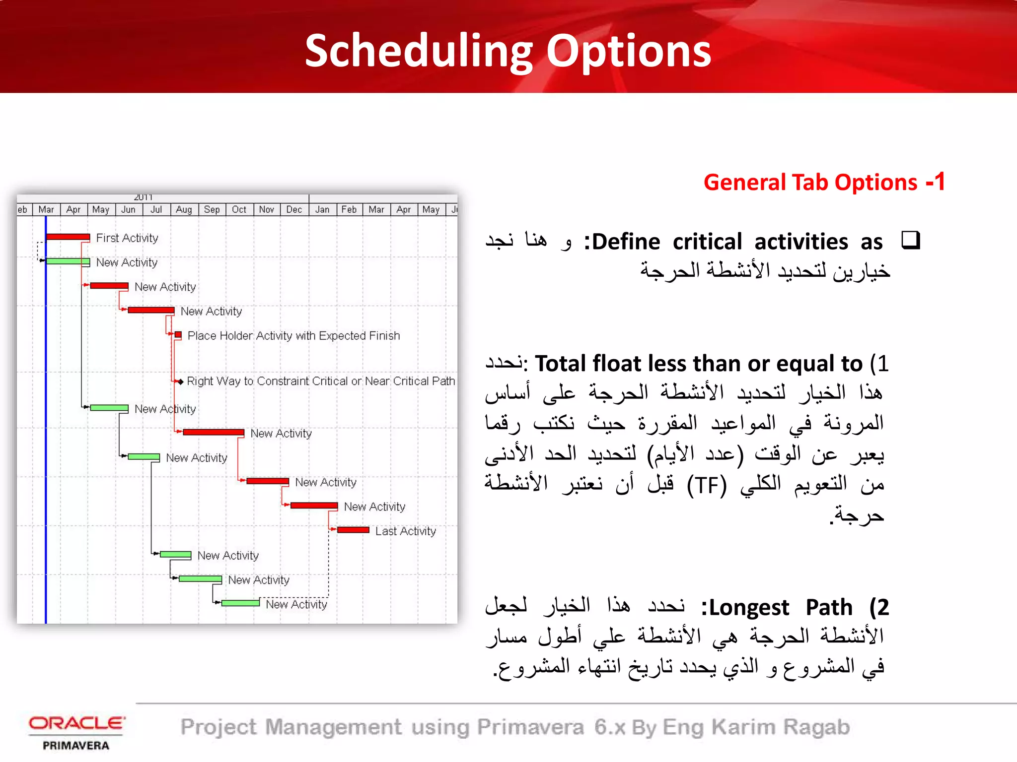 Scheduling Options
1-General Tab Options
Define critical activities as:‫و‬‫ھﻧﺎ‬‫ﻧﺟد‬
‫ﺧﯾﺎرﯾن‬‫ﻟﺗﺣدﯾد‬‫اﻷﻧﺷطﺔ‬‫اﻟﺣرﺟﺔ‬
(1: Total float less than or equal to‫ﻧﺣدد‬
‫ھذا‬‫اﻟﺧﯾﺎر‬‫ﻟﺗﺣدﯾد‬‫اﻷﻧﺷطﺔ‬‫اﻟﺣرﺟﺔ‬‫ﻋﻠﻰ‬‫أﺳﺎس‬
‫اﻟﻣروﻧﺔ‬‫ﻓﻲ‬‫اﻟﻣواﻋﯾد‬‫اﻟﻣﻘررة‬‫ﺣﯾث‬‫ﻧﻛﺗب‬‫رﻗﻣ‬‫ﺎ‬
‫ﯾﻌﺑر‬‫ﻋن‬‫اﻟوﻗت‬)‫ﻋدد‬‫اﻷﯾﺎم‬(‫ﻟﺗﺣدﯾد‬‫اﻟﺣد‬‫اﻷدﻧ‬‫ﻰ‬
‫ﻣن‬‫اﻟﺗﻌوﯾم‬‫اﻟﻛﻠﻲ‬)TF(‫ﻗﺑل‬‫أن‬‫ﻧﻌﺗﺑر‬‫اﻷﻧﺷطﺔ‬
‫ﺣرﺟﺔ‬.
(2Longest Path:‫ﻧﺣدد‬‫ھذا‬‫اﻟﺧﯾﺎر‬‫ﻟﺟﻌل‬
‫اﻷﻧﺷطﺔ‬‫اﻟﺣرﺟﺔ‬‫ھﻲ‬‫اﻷﻧﺷطﺔ‬‫ﻋﻠﻲ‬‫أطول‬‫ﻣﺳﺎر‬
‫ﻓﻲ‬‫اﻟﻣﺷروع‬‫و‬‫اﻟذي‬‫ﯾﺣدد‬‫ﺗﺎرﯾﺦ‬‫اﻧﺗﮭﺎء‬‫اﻟﻣﺷر‬‫وع‬.
 