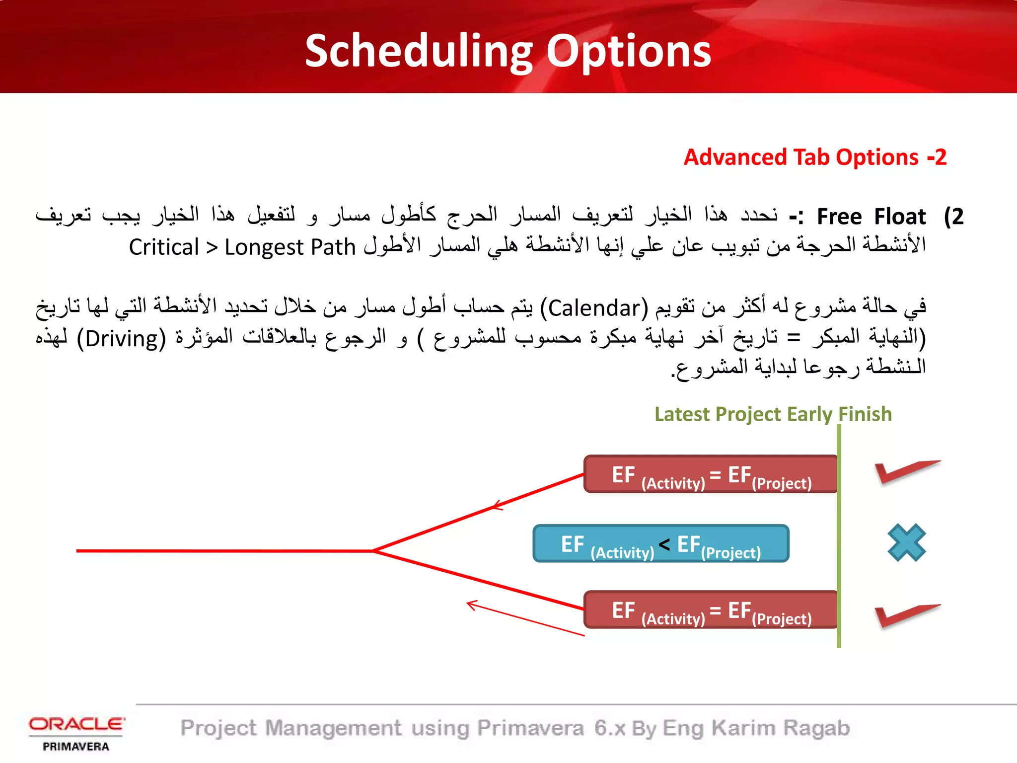 Scheduling Options
2-Advanced Tab Options
(2Free Float:-‫ﻧﺣدد‬‫ھذا‬‫اﻟﺧﯾﺎر‬‫ﻟﺗﻌرﯾف‬‫اﻟﻣﺳﺎر‬‫اﻟﺣرج‬‫ﻛﺄطول‬‫ﻣﺳﺎر‬‫و‬‫ﻟﺗﻔﻌﯾل‬‫ھذا‬‫اﻟﺧﯾﺎر‬‫ﯾﺟب‬‫ﺗﻌرﯾف‬
‫اﻷﻧﺷطﺔ‬‫اﻟﺣرﺟﺔ‬‫ﻣن‬‫ﺗﺑوﯾب‬‫ﻋﺎن‬‫ﻋﻠﻲ‬‫إﻧﮭﺎ‬‫اﻷﻧﺷطﺔ‬‫ھﻠﻲ‬‫اﻟﻣﺳﺎر‬‫اﻷطول‬Critical > Longest Path
‫ﻓﻲ‬‫ﺣﺎﻟﺔ‬‫ﻣﺷروع‬‫ﻟﮫ‬‫أﻛﺛر‬‫ﻣن‬‫ﺗﻘوﯾم‬)Calendar(‫ﯾﺗم‬‫ﺣﺳﺎب‬‫أطول‬‫ﻣﺳﺎر‬‫ﻣن‬‫ﺧﻼل‬‫ﺗﺣدﯾد‬‫اﻷﻧﺷطﺔ‬‫اﻟﺗﻲ‬‫ﻟﮭﺎ‬‫ﺗﺎرﯾﺦ‬
)‫اﻟﻧﮭﺎﯾﺔ‬‫اﻟﻣﺑﻛر‬=‫ﺗﺎرﯾﺦ‬‫آﺧر‬‫ﻧﮭﺎﯾﺔ‬‫ﻣﺑﻛرة‬‫ﻣﺣﺳوب‬‫ﻟﻠﻣﺷروع‬(‫و‬‫اﻟرﺟوع‬‫ﺑﺎﻟﻌﻼﻗﺎت‬‫اﻟﻣؤﺛرة‬)Driving(‫ﻟﮭذه‬
‫اﻟـﻧﺷطﺔ‬‫رﺟوﻋﺎ‬‫ﻟﺑداﯾﺔ‬‫اﻟﻣﺷروع‬.
EF (Activity) = EF(Project)
EF (Activity) = EF(Project)
EF (Activity) < EF(Project)
Latest Project Early Finish
 