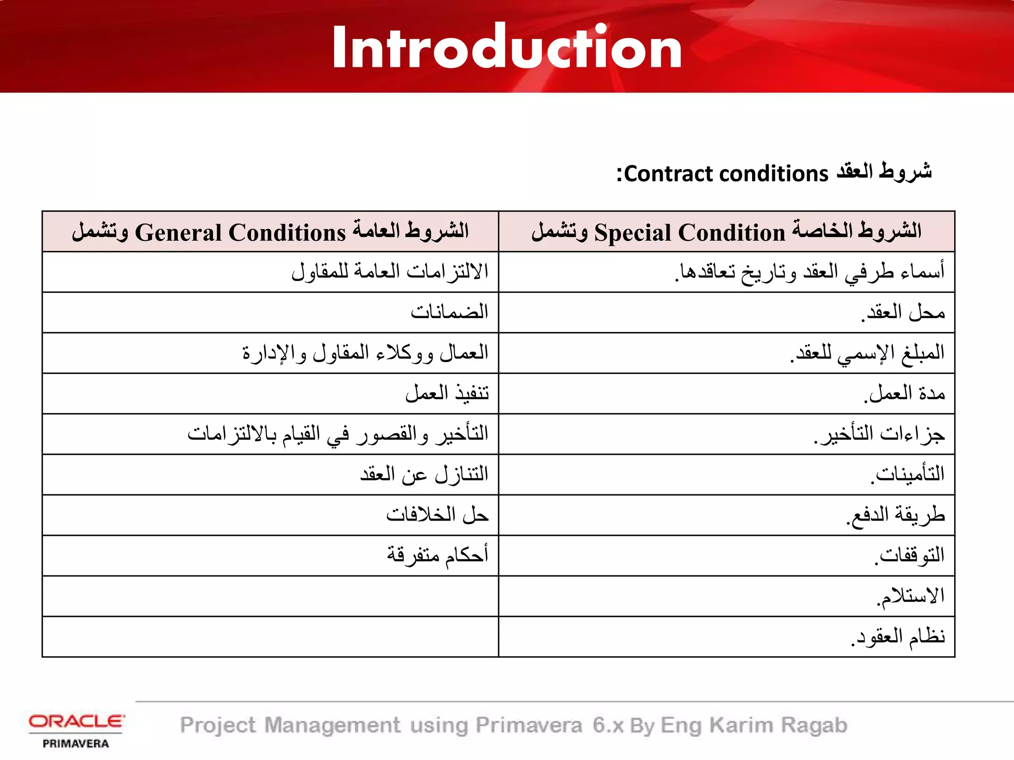 Introduction
‫اﻟﻌﻘد‬ ‫ﺷروط‬Contract conditions:
‫اﻟﺨﺎﺻﺔ‬ ‫اﻟﺸﺮوط‬Special Condition‫وﺗﺸﻤﻞ‬‫اﻟﻌﺎﻣﺔ‬ ‫اﻟﺸﺮوط‬General Conditions‫وﺗﺸﻤﻞ‬
‫ﺗﻌﺎﻗﺪھﺎ‬ ‫وﺗﺎرﯾﺦ‬ ‫اﻟﻌﻘﺪ‬ ‫طﺮﻓﻲ‬ ‫أﺳﻤﺎء‬.‫ﻟﻠﻤﻘﺎول‬ ‫اﻟﻌﺎﻣﺔ‬ ‫اﻻﻟﺘﺰاﻣﺎت‬
‫اﻟﻌﻘﺪ‬ ‫ﻣﺤﻞ‬.‫اﻟﻀﻤﺎﻧﺎت‬
‫اﻹ‬ ‫اﻟﻤﺒﻠﻎ‬‫ﻟﻠﻌﻘﺪ‬ ‫ﺳﻤﻲ‬.‫واﻹدارة‬ ‫اﻟﻤﻘﺎول‬ ‫ووﻛﻼء‬ ‫اﻟﻌﻤﺎل‬
‫اﻟﻌﻤﻞ‬ ‫ﻣﺪة‬.‫اﻟﻌﻤﻞ‬ ‫ﺗﻨﻔﯿﺬ‬
‫اﻟﺘﺄﺧﯿﺮ‬ ‫ﺟﺰاءات‬.‫ﺑﺎﻻﻟﺘﺰاﻣﺎت‬ ‫اﻟﻘﯿﺎم‬ ‫ﻓﻲ‬ ‫واﻟﻘﺼﻮر‬ ‫اﻟﺘﺄﺧﯿﺮ‬
‫اﻟﺘﺄﻣﯿﻨﺎت‬.‫اﻟﻌﻘﺪ‬ ‫ﻋﻦ‬ ‫اﻟﺘﻨﺎزل‬
‫اﻟﺪﻓﻊ‬ ‫طﺮﯾﻘﺔ‬.‫اﻟﺨﻼﻓﺎت‬ ‫ﺣﻞ‬
‫اﻟﺘﻮﻗﻔﺎت‬.‫أ‬‫ﺣﻜﺎم‬‫ﻣﺘﻔﺮﻗﺔ‬
‫اﻻﺳﺘﻼم‬.
‫اﻟﻌﻘﻮد‬ ‫ﻧﻈﺎم‬.
 