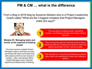 Their strength is in executing and following someone
else’s vision and specification rather than helping to
define it
They are task-focused and see their primary role as
delivering what the customer has asked for within the
agreed parameters of time, cost and quality
They are good at analysing facts, calculating
duration, coordinating activities and making rational
decisions
PM & CM … what is the difference
From a blog in 2019 blog by Susanne Madsen who is a Project Leadership
Coach called “What are the 3 biggest mistakes that Project Managers
make she says?”
Mistake #1: Managing tasks and
events at the expense of leading
people
The most common mistake Project
Managers make is that they are more
concerned with tasks and events than
with people and the human impact of
change – often unknowingly. Many
Project Managers have a rational,
logical and analytical way of thinking.
1
2
3
 