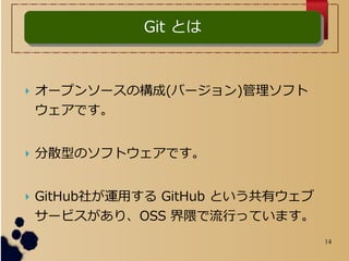 14
? `ץ󥽩`Θ(Щ`)ե
Ǥ
? ɢͤΥեȥǤ
? GitHub礬\ä GitHub ȤХ
`ӥꡢOSS ФäƤޤ
Git ȤGit Ȥ
 