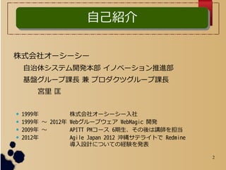 2
ʽ祪```
奷ƥ_k Υ٩`M
P`nL  ץĥ`nL
m 
? 1999 ʽ祪```
? 1999  2012 Web`ץ WebMagic _k
? 2009  APITT PM` 6v򵣵
? 2012 Agile Japan 2012 _Iƥ饤Ȥ Redmine
OӋˤĤƤνUYk
ԼBԼB
 