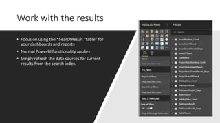 Work with the results
• Focus on using the *SearchResult “table” for
your dashboards and reports
• Normal PowerBI functionality applies
• Simply refresh the data sources for current
results from the search index.
 