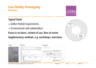 Low-Fidelity Prototyping
Overview



Typical Goals
•     Gather (initial) requirements                                                                               Sketch the
                                                                                                                      UI


•     Communicate with stakeholders
Focus is on Users, context of use, flow of events
                                                                                                                                  Discuss,
Supplementary methods, e.g. workshops, interviews                                                                                 Analyze




Sketch                            Wireframe                                 Storyboard




Project Management with Usability Engineering Methods | Dr. Thomas Memmel                7. February 2012   Slide 31           © Zühlke 2012
 