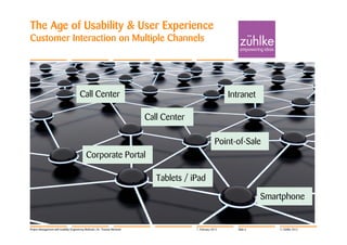 The Age of Usability & User Experience
Customer Interaction on Multiple Channels




                                       Call Center                                                           Intranet

                                                                            Call Center

                                                                                                        Point-of-Sale
                                            Corporate Portal

                                                                               Tablets / iPad

                                                                                                                         Smartphone


Project Management with Usability Engineering Methods | Dr. Thomas Memmel                 7. February 2012     Slide 6       © Zühlke 2012
 