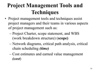14
Project Management Tools and
Techniques
• Project management tools and techniques assist
project managers and their teams in various aspects
of project management such as:
– Project Charter, scope statement, and WBS
(work breakdown structure) (scope)
– Network diagrams, critical path analysis, critical
chain scheduling (time)
– Cost estimates and earned value management
(cost)
 