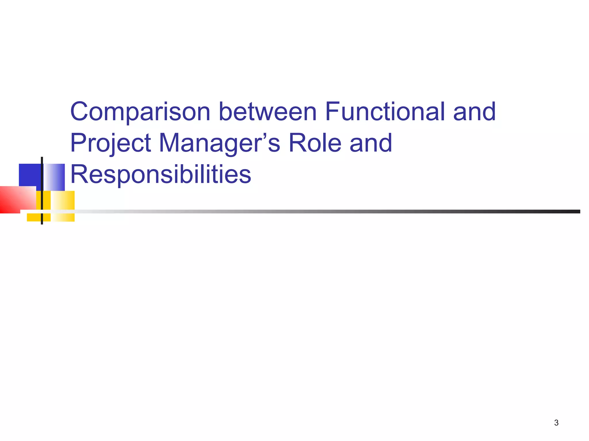 3
Comparison between Functional and
Project Manager’s Role and
Responsibilities
 