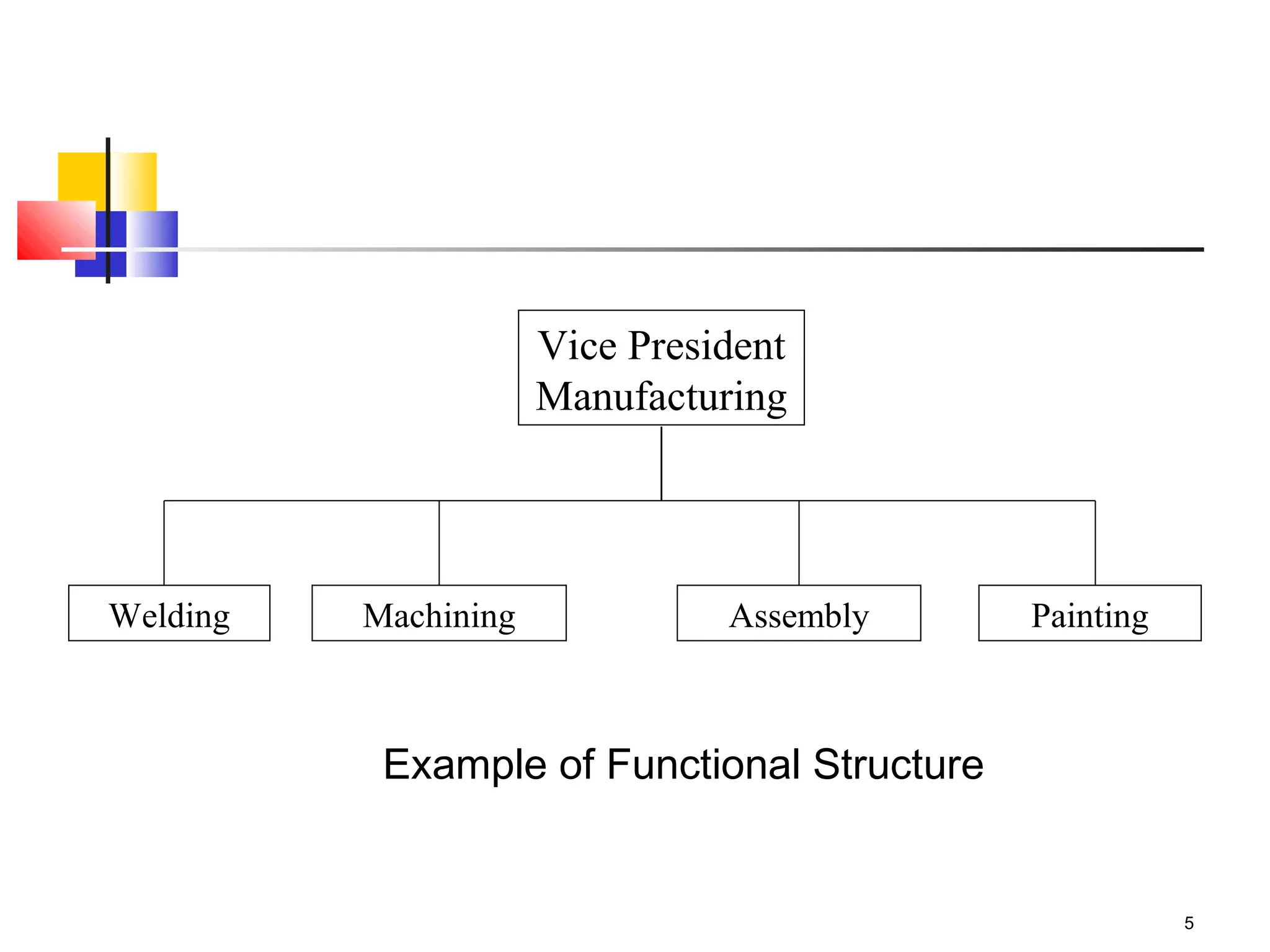 5
Vice President
Manufacturing
Welding Machining Assembly Painting
Example of Functional Structure
 