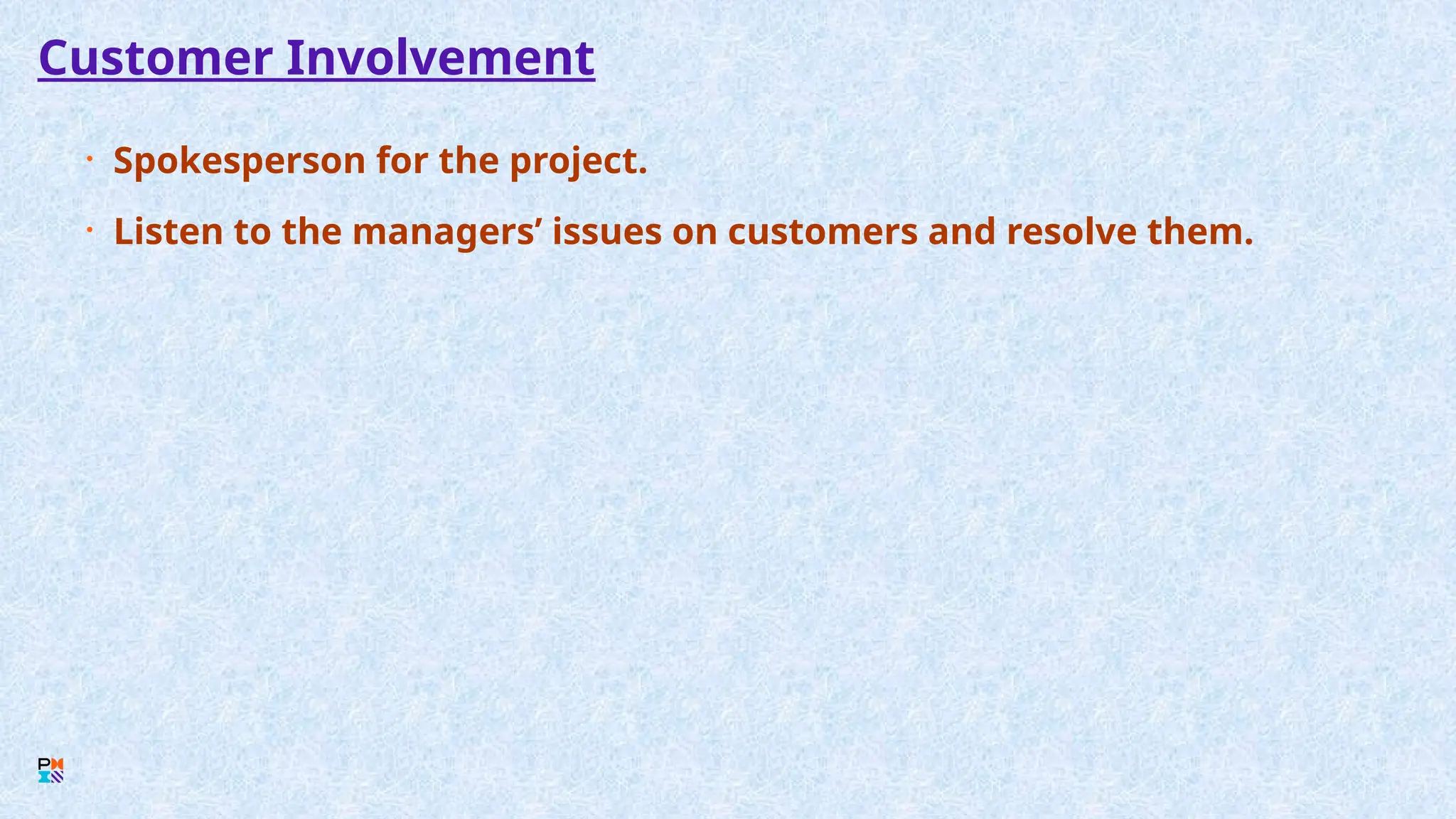 Customer Involvement
• Spokesperson for the project.
• Listen to the managers’ issues on customers and resolve them.
 