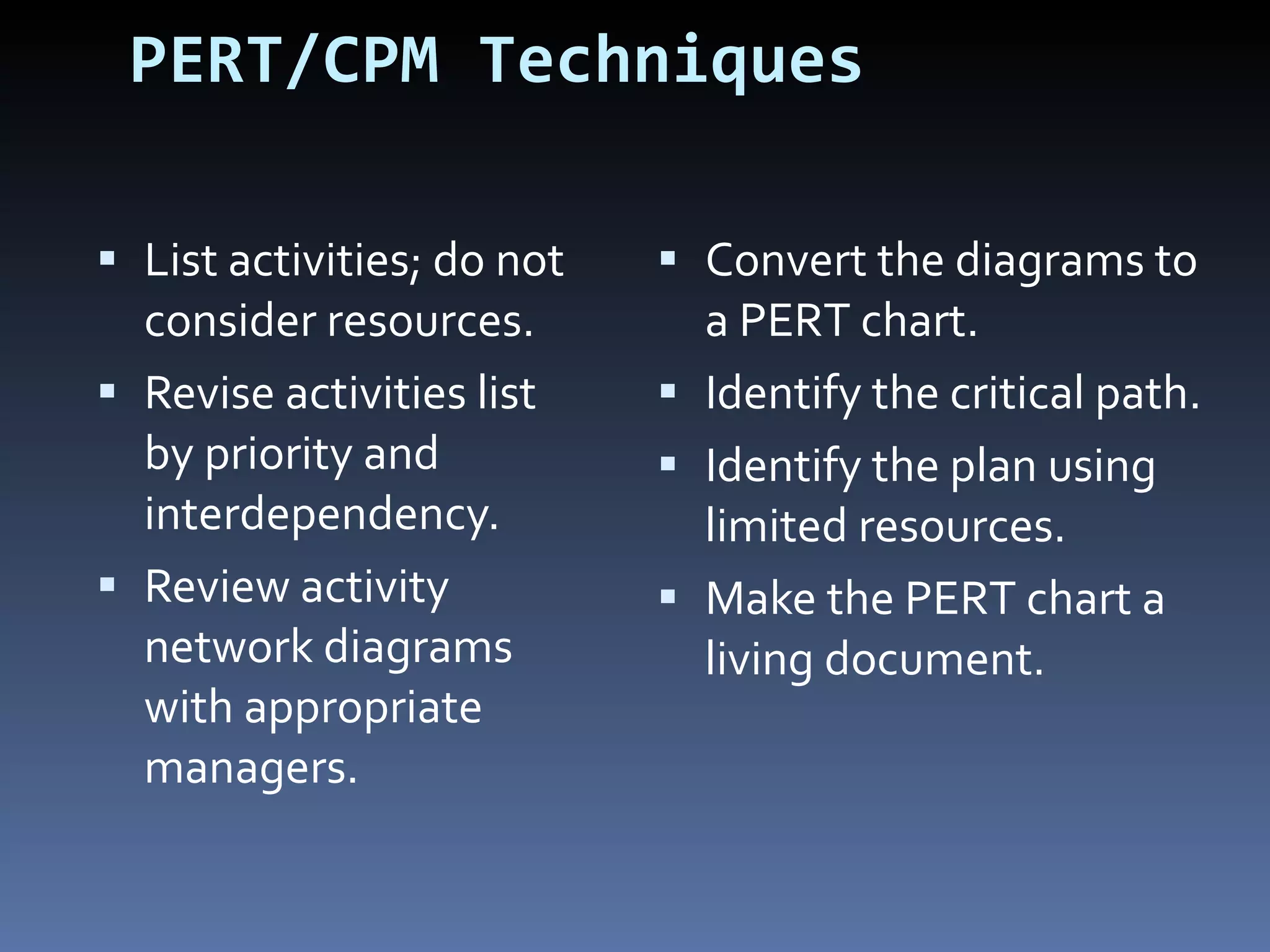 PERT/CPM Techniques List activities; do not consider resources. Revise activities list by priority and interdependency. Review activity network diagrams with appropriate managers. Convert the diagrams to a PERT chart. Identify the critical path. Identify the plan using limited resources. Make the PERT chart a living document. 