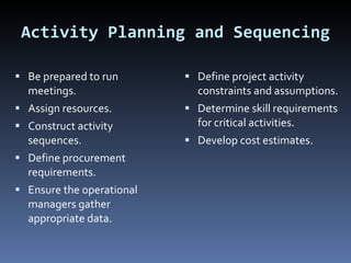 Activity Planning and Sequencing Be prepared to run meetings. Assign resources. Construct activity sequences. Define procurement requirements. Ensure the operational managers gather appropriate data. Define project activity constraints and assumptions. Determine skill requirements for critical activities. Develop cost estimates. 