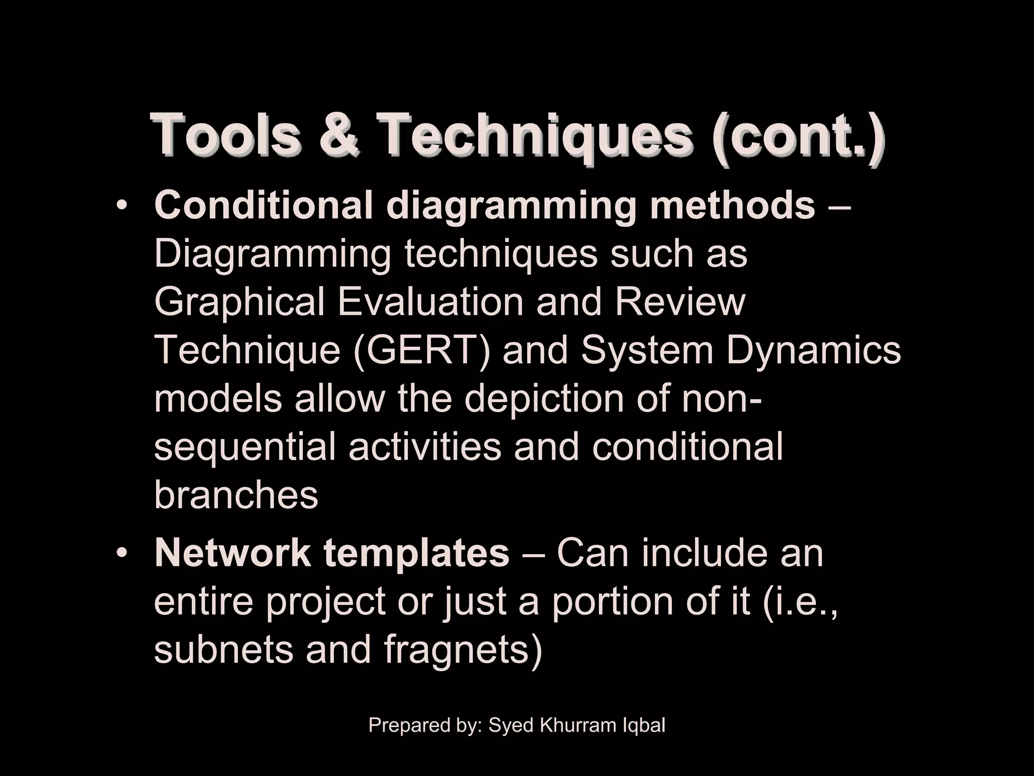 Activity Sequencing


          Tools & Techniques (cont.)
        • Conditional diagramming methods –
          Diagramming techniques such as
          Graphical Evaluation and Review
          Technique (GERT) and System Dynamics
          models allow the depiction of non-
          sequential activities and conditional
          branches
        • Network templates – Can include an
          entire project or just a portion of it (i.e.,
          subnets and fragnets)
                       Prepared by: Syed Khurram Iqbal
 