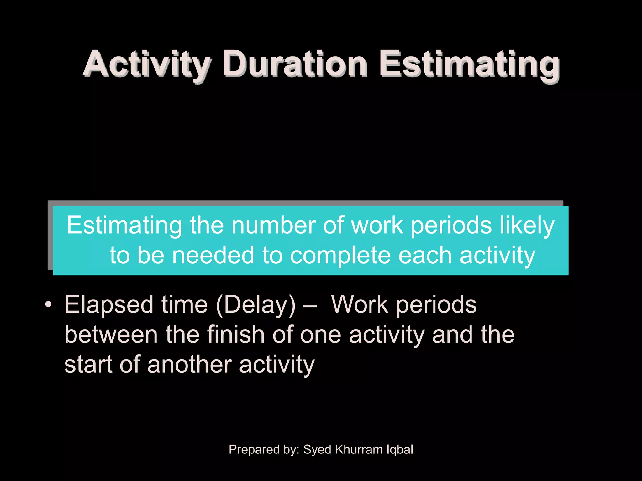 Activity Duration Estimating



  Estimating the number of work periods likely
      to be needed to complete each activity
• Elapsed time (Delay) – Work periods
  between the finish of one activity and the
  start of another activity


                 Prepared by: Syed Khurram Iqbal
 