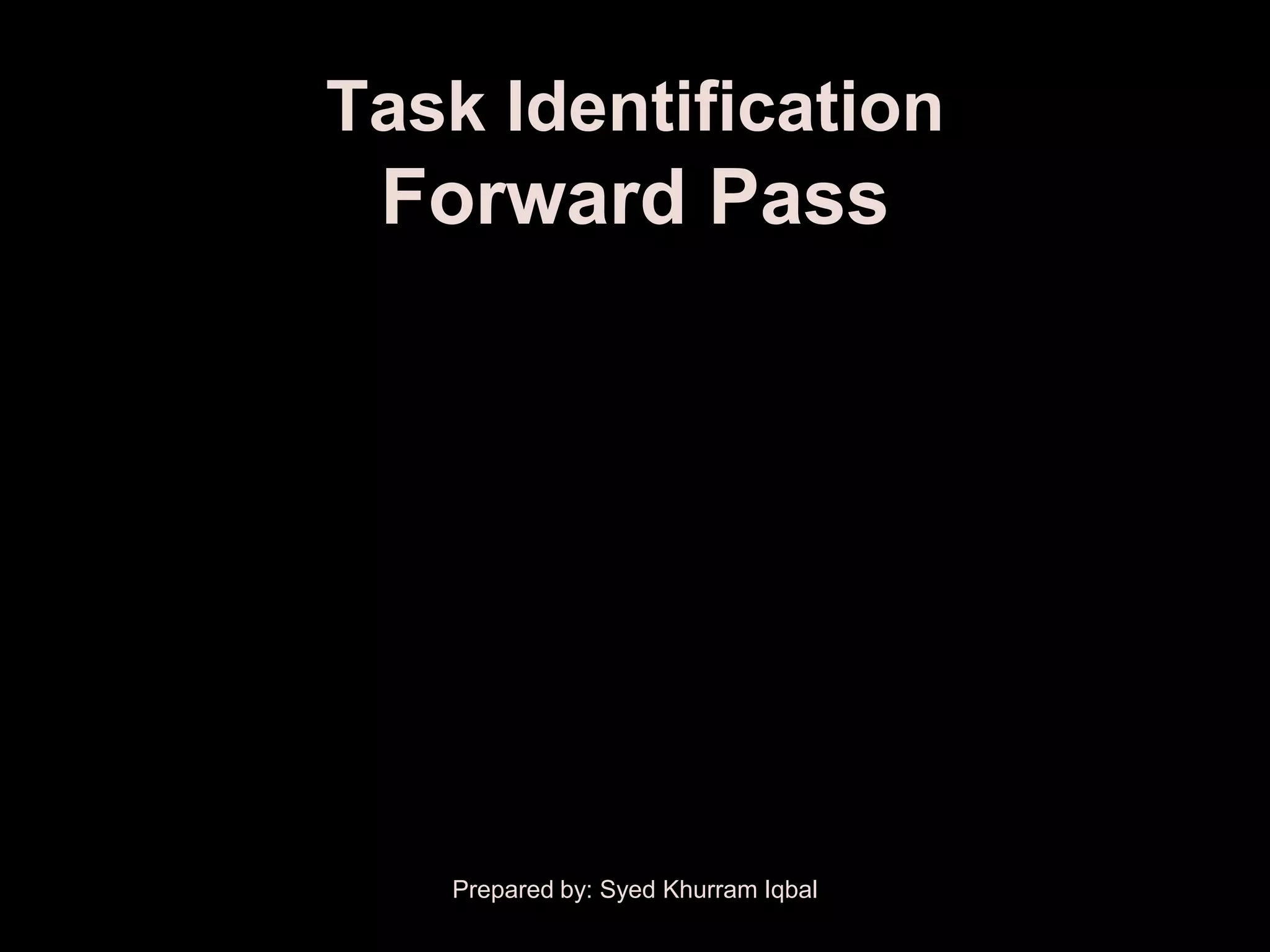 Task Identification
                 Forward Pass
Name                             Duration            ES   EF
Prep                                    2            1    2
Paint Trim                              2            3    4
Paint Ceiling                           3            3    5
Paint Walls                             4            3    6
Paint Walls (2nd Coat)                  2            7    8
Clean-up                                2            9    10

                   Prepared by: Syed Khurram Iqbal
 