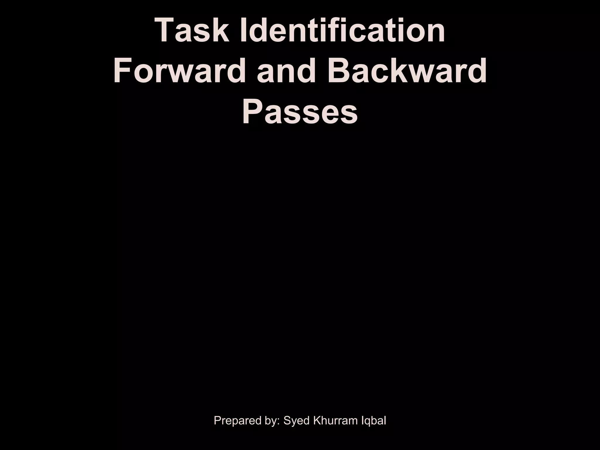 Task Identification
                Forward and Backward
                       Passes
Name                       Duration           ES           EF   LS   LF   Float

Prep                             2             1           2    1    2     0
Paint Trim                       2             3           4    7    8     4
Paint Ceiling                    3             3           5    6    8     3
Paint Walls                      4             3           6    3    6     0

Paint Walls (2nd Coat)           2             7           8    7    8     0
Clean-up                         2             9           10   9    10    0



                         Prepared by: Syed Khurram Iqbal
 