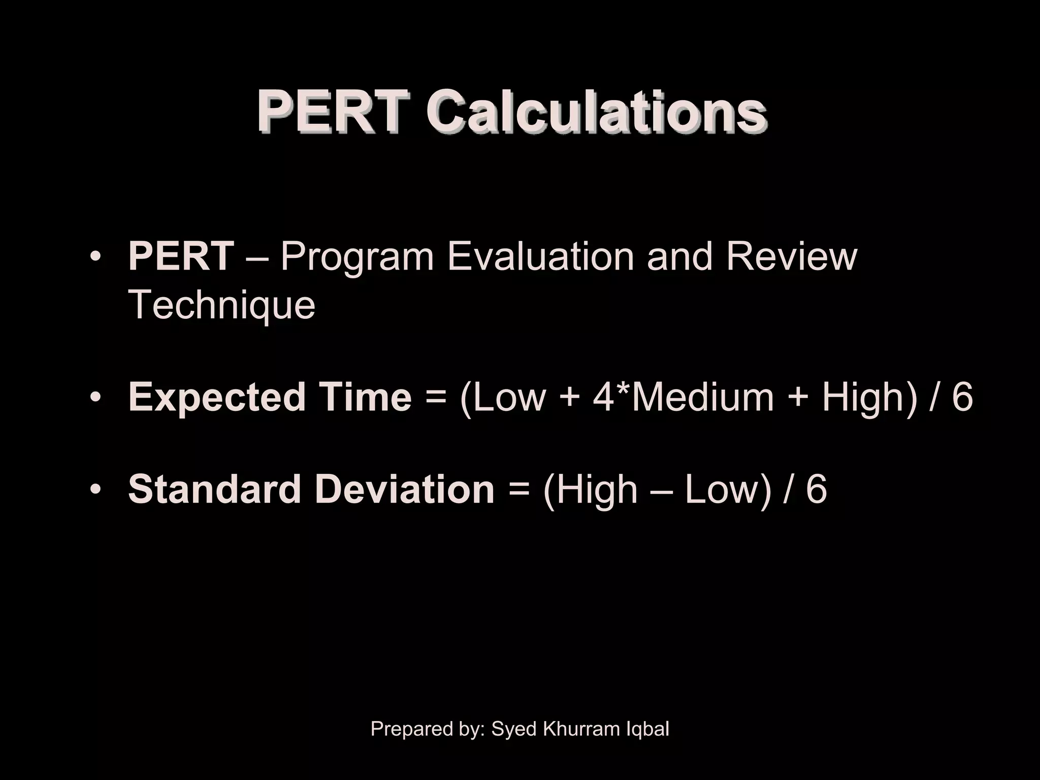 Schedule Development


                 PERT Calculations

     • PERT – Program Evaluation and Review
       Technique

     • Expected Time = (Low + 4*Medium + High) / 6

     • Standard Deviation = (High – Low) / 6




                       Prepared by: Syed Khurram Iqbal
 