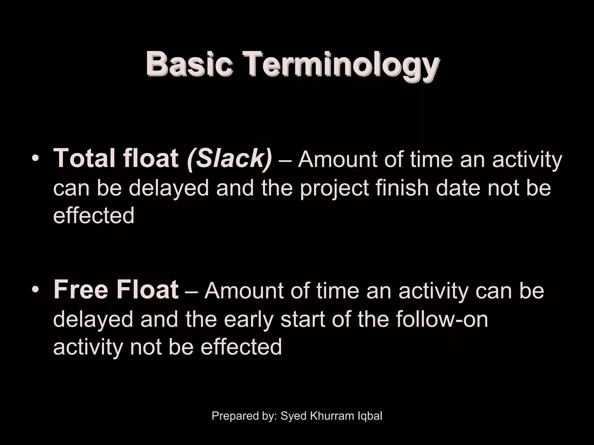 Schedule Development


                 Basic Terminology

   • Total float (Slack) – Amount of time an activity
     can be delayed and the project finish date not be
     effected


   • Free Float – Amount of time an activity can be
     delayed and the early start of the follow-on
     activity not be effected

                       Prepared by: Syed Khurram Iqbal
 