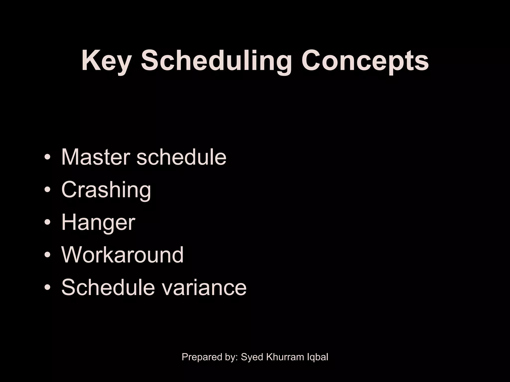 Key Scheduling Concepts


•   Master schedule
•   Crashing
•   Hanger
•   Workaround
•   Schedule variance

               Prepared by: Syed Khurram Iqbal
 
